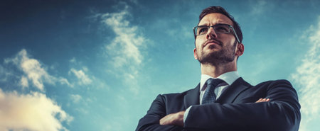 A confident businessman stands tall against a dramatic sky, exuding professionalism and ambition. His serious expression reflects determination and leadership qualities.の素材