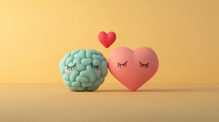 Whimsical illustration of a cute brain and heart character with happy expressions. Perfect for conveying love, emotion, and friendship in bright design.の素材