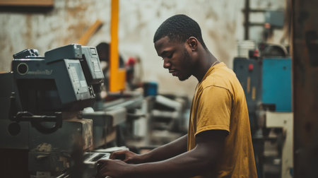 A young man deeply engaged in his work in an industrial workshop, showcasing craftsmanship and concentration while operating machine equipment.の素材