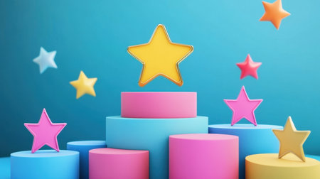 Bright and colorful geometric shapes featuring stars on a blue background create a playful and vibrant atmosphere perfect for celebration and achievement imagery.の素材