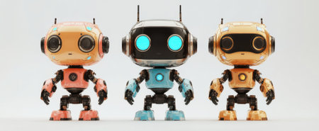 This captivating image features a trio of cute robots with colorful designs and friendly expressions, perfect for illustrating themes of technology and creativity.の素材