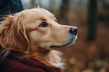 A serene portrait of a golden retriever in an autumn forest, showcasing its expressive brown eyes and soft fur. The warm tones enhance the tranquil atmosphere.の素材