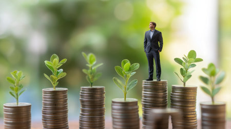 A businessman stands confidently on stacks of coins, surrounded by growing plants, symbolizing financial growth and investment opportunities in a thriving economy.の素材