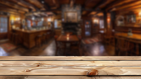 An empty wooden table with background of blurred, lively restaurant at night. The table serves as an ideal platform for food-related advertising or displays, enhancing nights vibrant restaurant styleの素材