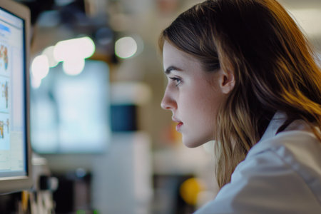A young female scientist is focused on her computer screen in a laboratory setting. She is engaged in research, exemplifying concentration and dedication to her work.の素材