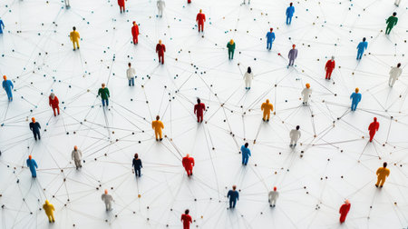 This image showcases diverse miniature figures representing human connections within a network. It illustrates concepts of interaction, collaboration, and community in a vibrant, colorful design.の素材