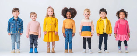A diverse group of cheerful children wearing colorful outfits stands together in a bright studio setting, showcasing friendship and joy through playful expressions.の素材