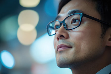 A thoughtful business professional with glasses gazes upward, lost in contemplation. The image captures a moment of inspiration and determination in a corporate environment.の素材