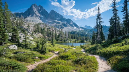 Explore the beauty of a serene mountain landscape featuring a calm lake, lush greenery, and towering peaks under a bright blue sky.の素材