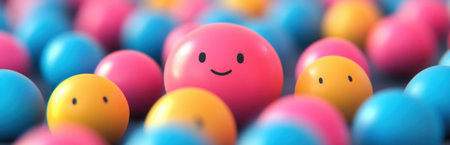 A collection of colorful smiling balls creates a cheerful atmosphere. The vibrant colors of pink, blue, and yellow evoke feelings of joy and playfulness.の素材