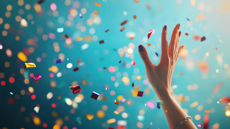 A hand reaches upward in a joyful celebration, surrounded by a vibrant shower of colorful confetti. This image captures the essence of fun and festivity.の素材