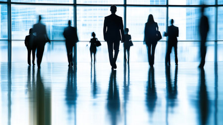 A group of silhouetted business professionals walks through a modern office space. Reflections on the polished floor create a dynamic sense of movement and teamwork.の素材