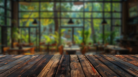 Soft-focus on a cafe with a wooden table and a large window view of greenery, perfect for product setups.の素材