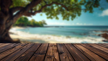 Wooden table top positioned against a blurry summer beach background, perfect for summer product presentations and displays, with a sandy beach and palm trees enhancing the summer vibe.の素材