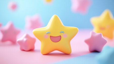 Bright and cheerful smiling yellow star stands out among pastel stars, evoking joy and playfulness. Perfect for childrens themes and creative projects.の素材