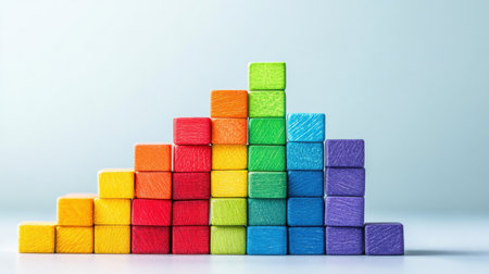 A vibrant display of colorful wooden blocks arranged in a gradual rainbow pattern enhances any creative project or educational setting.の素材