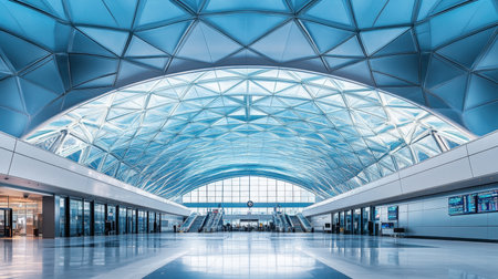 A stunning view of a modern airport interior featuring a large blue dome, abundant natural light, and minimalist design, creating a serene travel environment.の素材