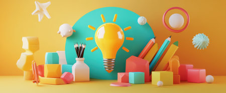 A vibrant workspace scene featuring a light bulb and colorful art supplies, perfect for inspiring creativity and innovation in any artistic environment.の素材