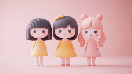This charming image features three adorable cartoon dolls on a soft pink background. Their friendly smiles and vibrant colors evoke feelings of joy and creativity.の素材