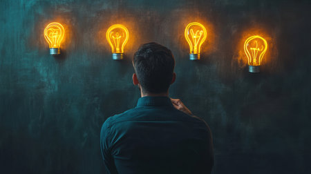 A man stands in front of glowing vintage light bulbs, deep in thought. The contrast of dark background and warm illumination creates an inspiring atmosphere for creativity and reflection.の素材