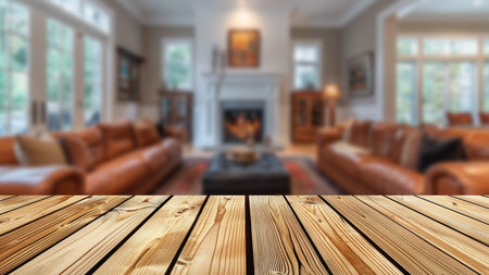Wooden table top in front of a blurred minimal Scandinavian living room, providing ample space for advertising product displays and presentations.の素材