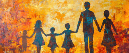 A beautiful abstract painting depicting a family holding hands in unity. The warm colors evoke feelings of love, support, and togetherness, capturing joyful moments.の素材