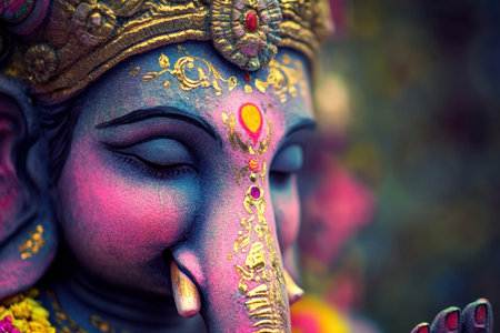 This close-up image showcases a beautifully detailed statue of Lord Ganesh. The vibrant colors and intricate designs evoke a sense of spirituality and tradition.の素材