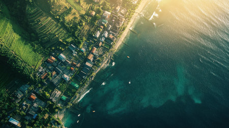 Captivating aerial view of a tranquil coastal village with lush greenery and clear water. The scene showcases the beauty of nature and rural life.の素材