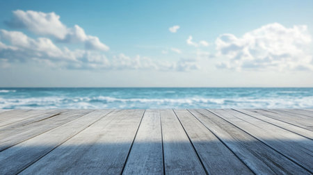 A serene ocean view from a wooden deck features calm waves and a soft blue sky adorned with fluffy clouds, perfect for relaxation and reflection.の素材