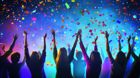 A lively celebration scene features a jubilant crowd silhouetted against vibrant lights, with colorful confetti filling the air, showcasing joy and excitement.の素材