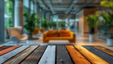 Modern contemporary office in a blur behind an empty wooden table, offering a strategic setting for product displays.の素材