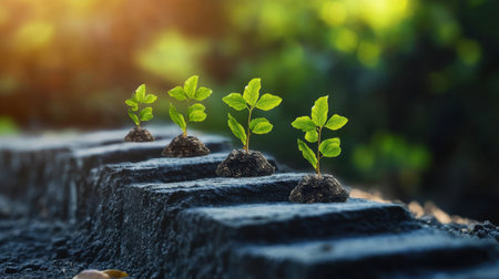 This image depicts the stages of growth of seedlings emerging from rich soil, illuminated by soft natural light, symbolizing life and renewal in nature.の素材