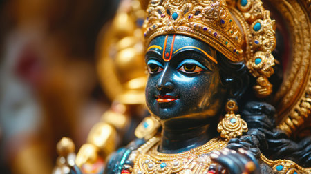This stunning close-up showcases an intricately designed black statue adorned with golden accents, reflecting a rich cultural heritage and artistic craftsmanship.の素材