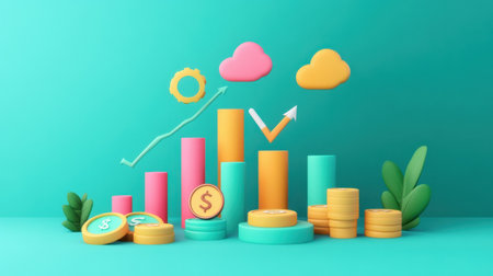 This vibrant 3D illustration showcases financial growth through colorful graphs, coins, and clouds, symbolizing success in business and investment strategies.の素材