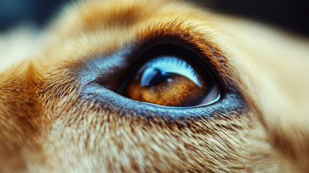 This close-up image captures the captivating detail of a dogs eye, highlighting the rich brown tones and a gentle expression that conveys emotion and connection.の素材