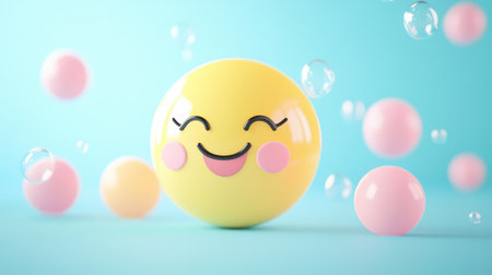 A cheerful smiley face ball displays a joyful expression, surrounded by colorful pastel bubbles and balls, creating a fun and playful atmosphere. Perfect for child-friendly designs.の素材