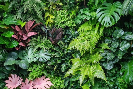 A vibrant display of diverse tropical plants and lush greenery forming a stunning foliage wall. Ideal for nature-themed projects, interior design, or botanical designs.の素材