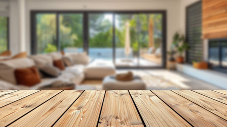 Wooden table top in a coastal living room setting, blurred to highlight advertising products and presentations effectively.の素材