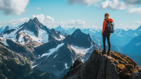A lone adventurer stands at the mountain peak, gazing at the breathtaking landscape. The scene captures the essence of exploration and the beauty of nature.の素材