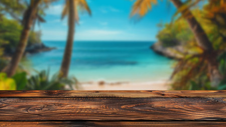 Blurred sunny tropical beach background with sandy shores and palm trees behind a wooden table, enhancing the summer theme for product displays on the table.の素材