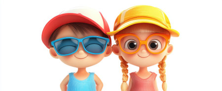 Two cartoon kids exude joy and fun in bright summer attire, wearing sunglasses and hats. Their playful expressions capture the essence of carefree childhood adventures.の素材