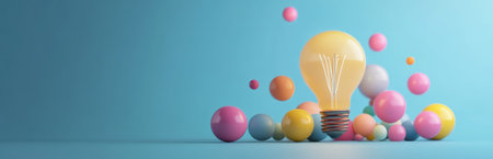 A bright light bulb emits a warm glow, surrounded by vibrant pastel balls on a calming blue background, symbolizing creativity and inspiration in a playful, modern setting.の素材