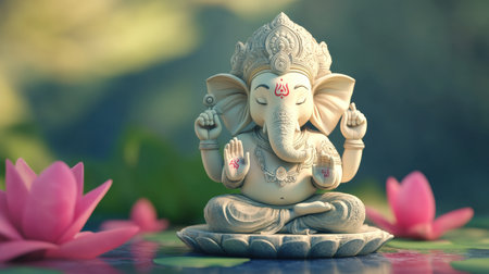 A serene Ganesha statue rests amidst vibrant lotus flowers, creating a tranquil atmosphere ideal for meditative spaces. Perfect representation of spirituality.の素材