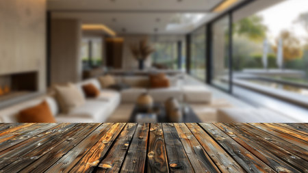 Wooden table in the foreground with a modern Scandinavian living room blurred behind, ideal for advertising presentations.の素材