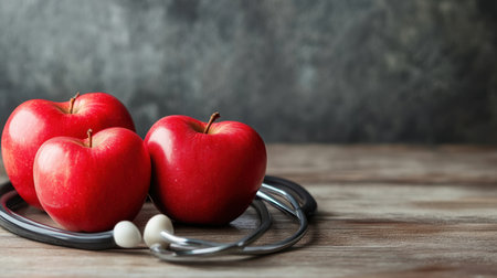 A composition featuring three fresh red apples placed on a wooden table next to a stethoscope, symbolizing health and nutrition balance in daily life.の素材