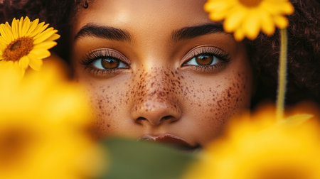 This close-up portrait captures a young woman with beautiful freckles, surrounded by vibrant sunflowers. Her serene expression and sparkling eyes convey a sense of joy and connection with nature.の素材