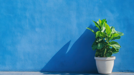 A fiddle leaf fig plant in a white pot sits against a vibrant blue wall. The scene captures sunlight and shadows, creating a fresh and uplifting atmosphere ideal for modern spaces.の素材