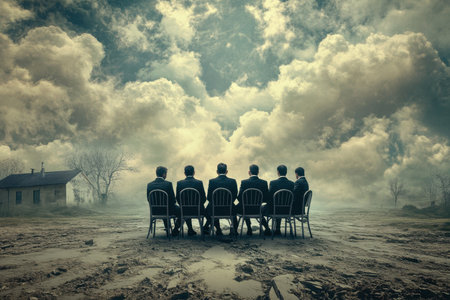 A group of men in suits sits silently on chairs, facing an expansive landscape under an emotive sky. The scene evokes feelings of solitude and contemplation.の素材