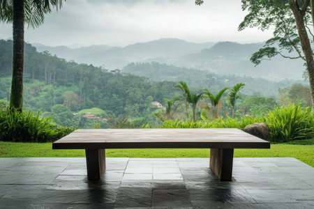 A serene outdoor seating area featuring a wooden table overlooking lush mountains shrouded in mist, ideal for relaxation and enjoying natures beauty.の素材