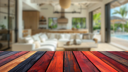 An empty table top in front of a blurred coastal living room, providing a clean backdrop for advertising product displays.の素材